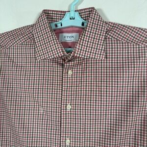 Eton Shirt‎ Mens 16.5 White Red Contemporary Button Up Long Sleeve Plaid Cotton